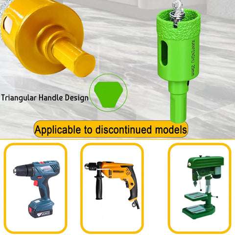 Colorful Five Piece Diamond Hole Saw Set With Spring Pilot Bit for Ceramic Porcelain Tile Marble Granite Brick Wall Dry Brazing Diamond Drill Bits 5/8 To 1-3/8 Inch Color Coded showing the triangular handle and compatibility with discontinued models.