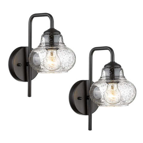 Rustic Wall Sconces Set Of 2 With Hand Blown Bubble Glass Shades, matte black finish, elegant design, illuminated bulbs