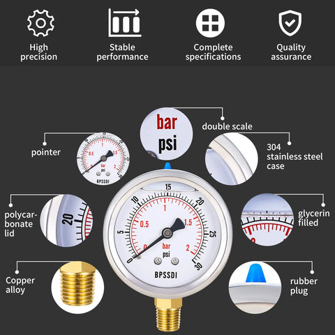 BPSSDI 0-30 psi glycerin-filled pressure gauge with 2.5 in dial, 1/4 in NPT lower mount, 304 stainless steel case
