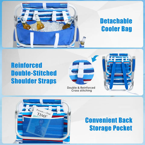 Two Pack Low Beach Chairs With 5 Position Recline Backpack Portable Folding Chairs with cooler bag and storage pocket detail.