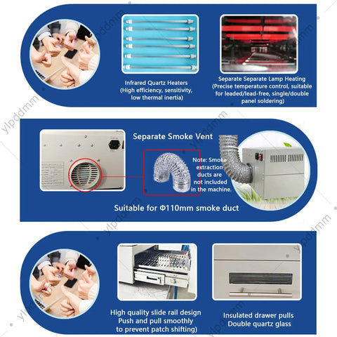 Benchtop Reflow Oven With 1500W Infrared Heater And Hot Air Circulation For PCB SMD SMT BGA Rework, smoke vent and heater details