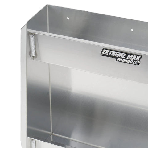 Close-up of wall mount aluminum two shelf open storage cabinet for race trailer garage shop enclosed trailer toy hauler silver