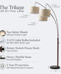 Illustration of Trilage Arc Floor Lamp With Three Fabric Shades And LED Bulbs, highlighting features and dimensions