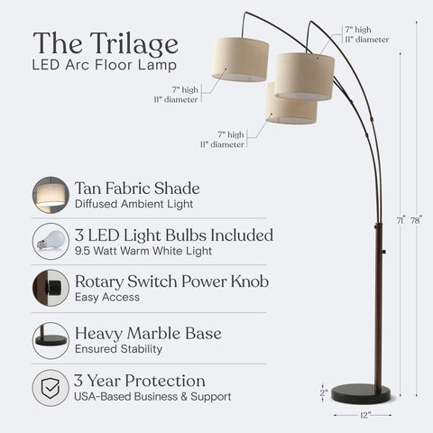 Illustration of Trilage Arc Floor Lamp With Three Fabric Shades And LED Bulbs, highlighting features and dimensions