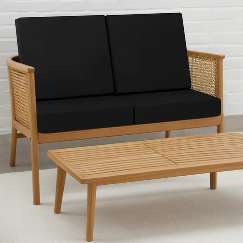 Black Waterproof Outdoor Chair Cushions Set Of 2 19 By 19 Inches on wooden patio furniture with matching coffee table.