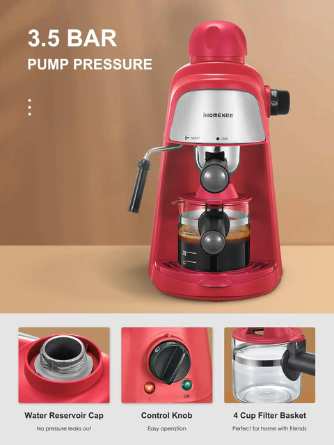 Solid Espresso And Cappuccino Machine Brings Super Quick Heat To Your Kitchen Counter, 3.5 bar pump with water reservoir and control knob.