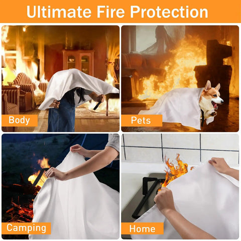 Fiberglass Fire Safety Blanket Heavy Duty Fire Retardant For Home Kitchen Camping Grilling Car Office Warehouse School Picnic And Fireplace Your Go To Heat Shield Up To 1022 Degrees Heat Resistant used for body, pets, camping, and home fire protection in four scenarios.
