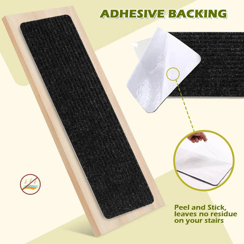 No Slip Carpet Stair Treads For Wooden Steps, 16 Piece 8 By 30 Inch Self Adhesive Stair Runners, Anti Slip Mats For Dogs Kids Elders, Quiet Durable Black showing adhesive backing being peeled.