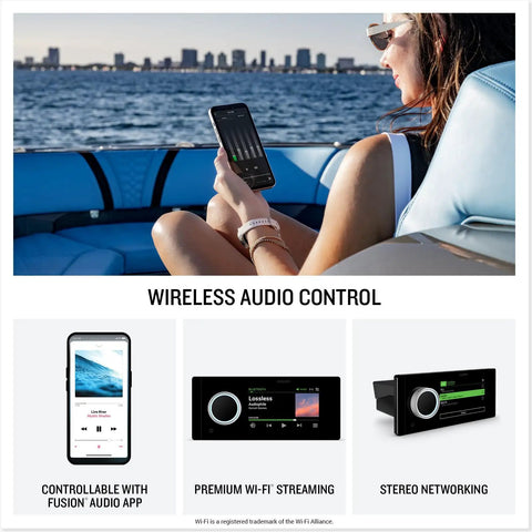 Woman controlling Apollo MS-RA800 Marine Stereo With Premium Touchscreen And Built In WiFi Connectivity on a boat via smartphone app.