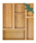 Game Changing Bamboo Drawer Organizer Set Featuring Adjustable Dividers To Keep Vanity Makeup Kitchen Cutlery Office Essentials And Crafting Gear Neatly Sorted, showing five bamboo compartments.