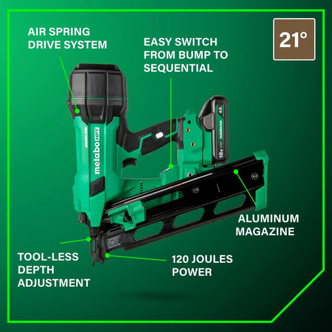 18V MultiVolt Cordless 21 Degree Framing Nailer Kit With 4.0Ah Battery Delivers Big Power Drives Two Inch To Three And A Half Inch Nails Plastic Strip For Fast Durable Wood Framing NR1890DRA showing air spring drive and tool-less depth adjustment