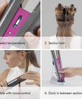 Steps for styling hair with cordless and corded hair straightener with flexing plates for less heat and damage.