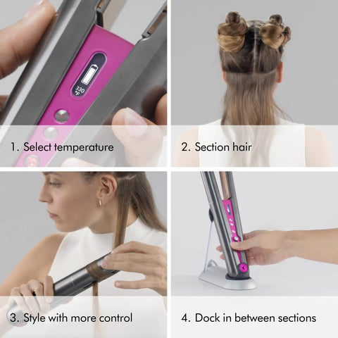 Steps for styling hair with cordless and corded hair straightener with flexing plates for less heat and damage.