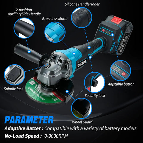 Cordless Four And A Half Inch Brushless Angle Grinder With Dual 4Ah Batteries And Charger, Nine Thousand RPM, showing features