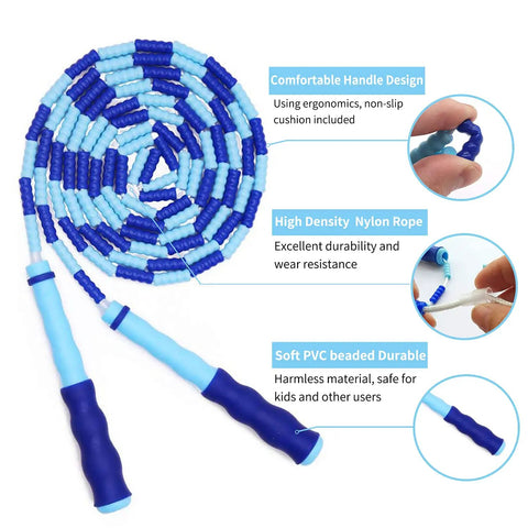Adjustable Beaded Jump Rope For Fitness, Tangle Free Segmented Rope With Soft Beads, 9.2 Feet Length, Blue and Light Blue