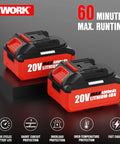 Dual 4.0Ah 20V Lithium-ion batteries for Power Packed Cordless 20V Leaf Blower with 700 CFM and 200 MPH, featuring fast charging