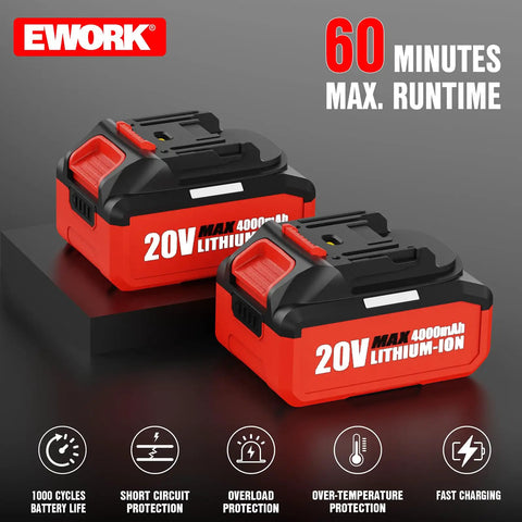 Dual 4.0Ah 20V Lithium-ion batteries for Power Packed Cordless 20V Leaf Blower with 700 CFM and 200 MPH, featuring fast charging