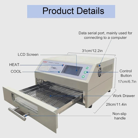 800W Reflow Oven And T962 Reflow Soldering Station with LCD and work drawer open