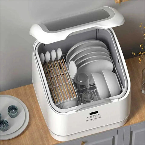 Top Notch Compact Countertop Dishwasher With High Temp Wash And Rapid Air Dry Tech Designed For Tiny Apartments While Crushing Daily Grease Without Breaking A Sweat, open with dishes and utensils inside.