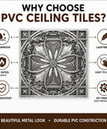 Aged Silver 2X2 Ceiling Tiles Pack Of 10 For Drop-In Or Glue-Up Install PVC Panels with features benefits diagram