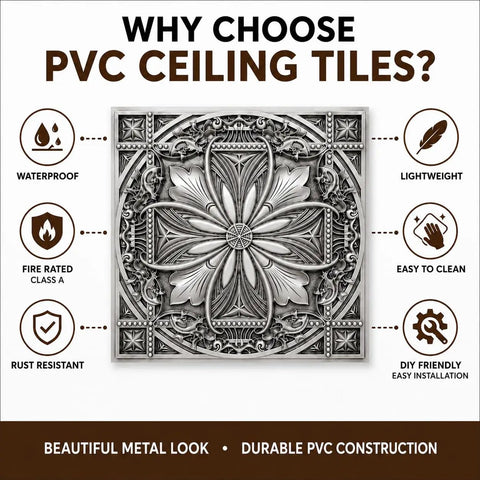 Aged Silver 2X2 Ceiling Tiles Pack Of 10 For Drop-In Or Glue-Up Install PVC Panels with features benefits diagram