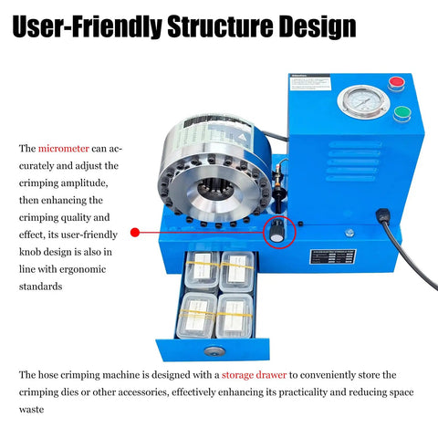 Portable Electric Hydraulic Hose Crimper Machine With 8 Heavy Duty Die Sets 110V Corded Power features user-friendly design and storage drawer.