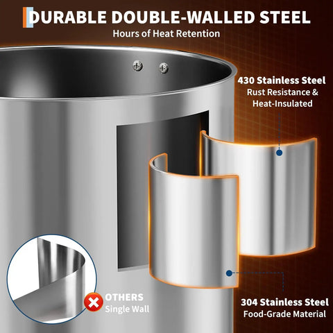 Commercial Grade 60 Cup Coffee Urn And Hot Beverage Dispenser Boasts Hella Solid Double Wall Steel Frame showcasing the durable heat retention.
