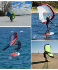 Multiple images of Inflatable Wing Foil With Handheld Wing, Surf Wing And Wind Foil in various water sports activities.