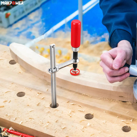 Quick Screw Guide Rail Clamp Set for MFT and Guide Rail Systems in woodworking setup on wooden board
