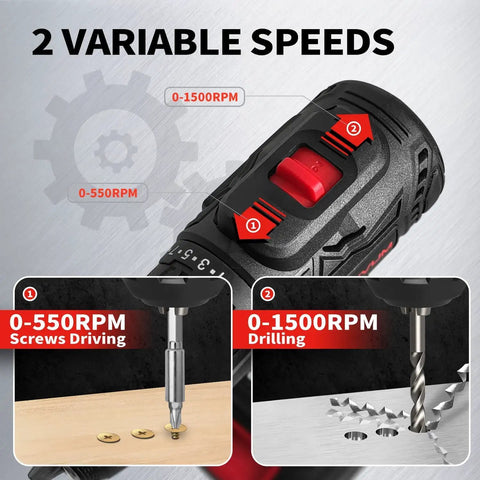 Close-up of the 21V Cordless Drill Kit With Brushless Motor showing variable speed settings for drilling and screw driving.
