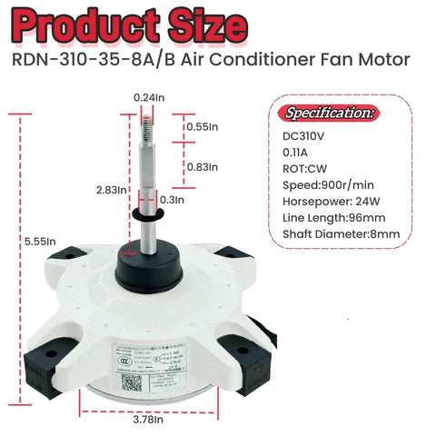 Replacement Brushless DC Fan Motor Plug And Play For AUX Air Conditioners 310V 24W 900 RPM with size specifications.