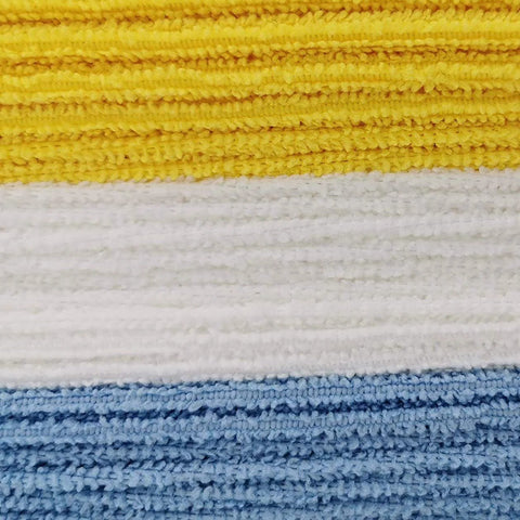 Microfiber cleaning cloths set in blue, white, and yellow; 16 x 12 inches, reusable, pack of 24.