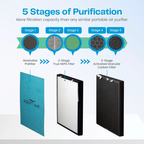Diagram showing 5 stages of purification for 2550 Replacement Filter Kit With Washable Pre Filter And 2 Stage True HEPA And Carbon Filter