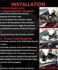 Installation guide for Harness Disable Kit For Honda 3.5L V6 With VCM showing connector steps and engine placement.