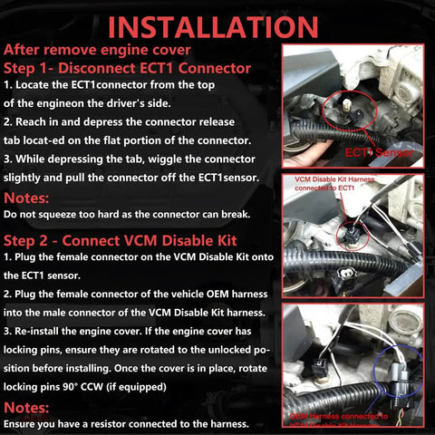 Installation guide for Harness Disable Kit For Honda 3.5L V6 With VCM showing connector steps and engine placement.