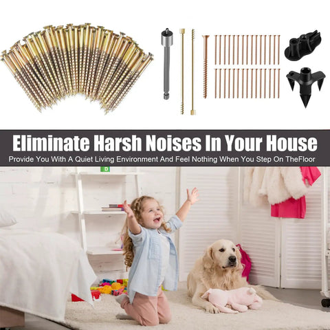 No More Squeaks Floor Repair Kit With 50 Screws, joist finder, depth guide shown above a child playing quietly indoors.