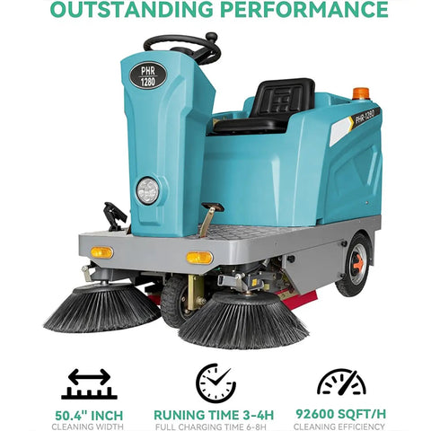 Badass Heavy Duty Ride On Industrial Floor Sweeper with 50.4 inch cleaning width and large brushes for efficient debris removal.