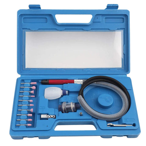 Built Like A Tank Pneumatic Die Grinder With 58000RPM High Speed Air Angle Motor complete accessory kit in blue case.