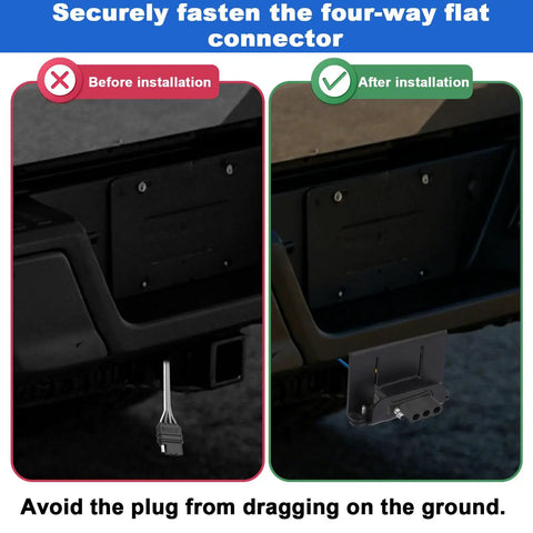 Before and after installation of 4 Way Trailer Wiring Harness Mounting Bracket Kit showing secure mounting on vehicle.