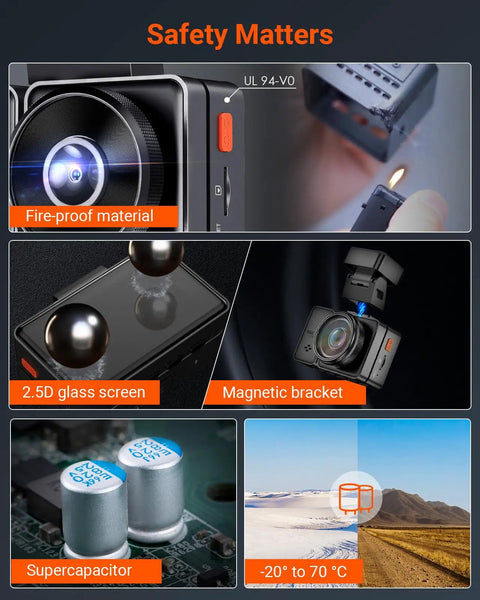 Dual Front And Rear Dash Cam With 2.7K Plus 2.7K Recording, STARVIS Sensors, UL 94V0 fire-proof material and features
