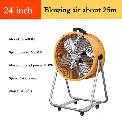 24 Inch Heavy Duty Industrial Floor Fan With Beefy Steel Housing Smooth Rolling Casters Hella Powerful Motor Blows Serious Cool Air Across Warehouses Shops And Commercial Spaces Adjustable Tilt Head on a sturdy stand.