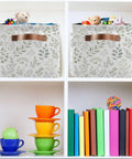 Built Different Grey Leafy Vines Canvas Storage Baskets With Double Stitched Handles holding toys on shelves in a colorful room.