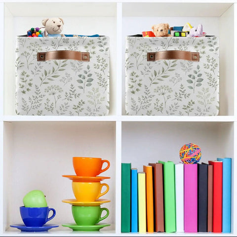Built Different Grey Leafy Vines Canvas Storage Baskets With Double Stitched Handles holding toys on shelves in a colorful room.