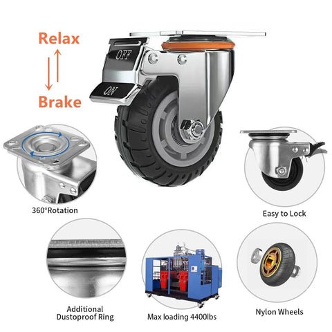Heavy Duty 5 Inch Caster Wheels With Brake 2200lbs Load Capacity Set Of 4 For Cart Trolleys Furniture And Workbench, close-up view