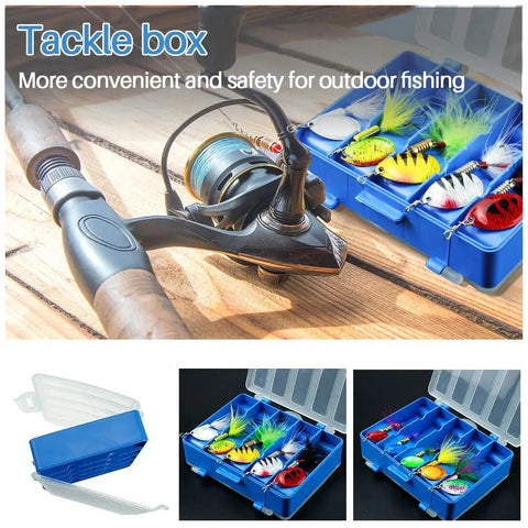 10 Piece Spinner Lures Kit With Tackle Box For Freshwater And Saltwater Fishing, showing lures in open tackle box next to fishing reel