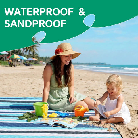 Waterproof Beach Blanket For Picnics And Camping Extra Large Sandproof Outdoor Rug with child playing on sand at beach