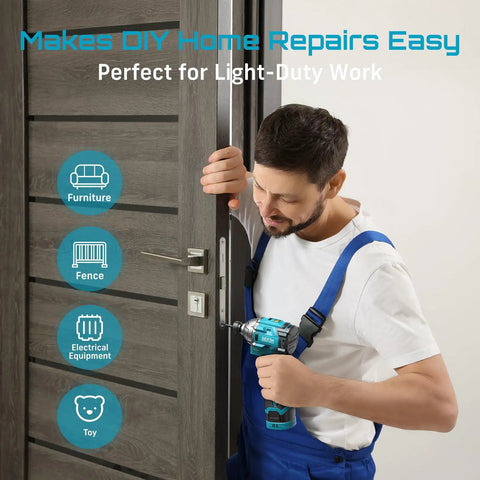 User repairing door with 16.8V Cordless Brushless Impact Driver Kit With Quarter Inch Hex Two 2.0Ah Batteries 150 Nm Max Torque 0 To 3300 RPM