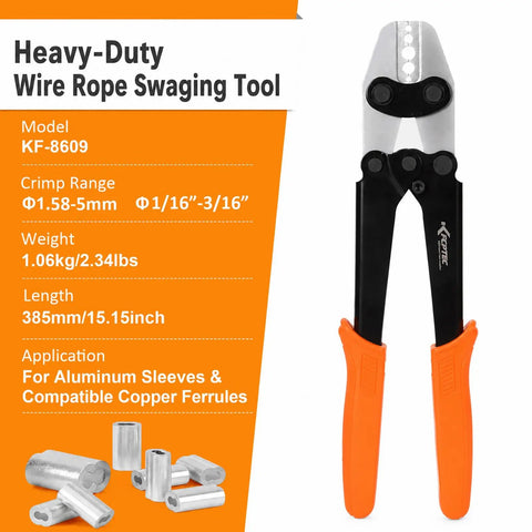 Pro Grade Wire Rope Crimper And Ferrule Swaging Tool With Five Cavities For 1/16, 3/32 To 7/64, 1/8, 5/32, And 3/16 Inch Rope, Compatible With Aluminum Oval Sleeves, Double Barrel Sleeves, Loop Sleeves, And Annealed Copper Ferrules. Heavy-duty wire rope swaging tool with orange handles and aluminum sleeve examples.