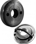 Heavy Duty Self Locking 5/8-11 Angle Grinder Flange Nuts 2-Pack with D Ring and Knurled Nut shown in black and silver