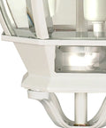 Close-up of Three Light Outdoor Hanging Lantern In White Finish With Clear Beveled Glass 20 Inch Die Cast Aluminum Fixture